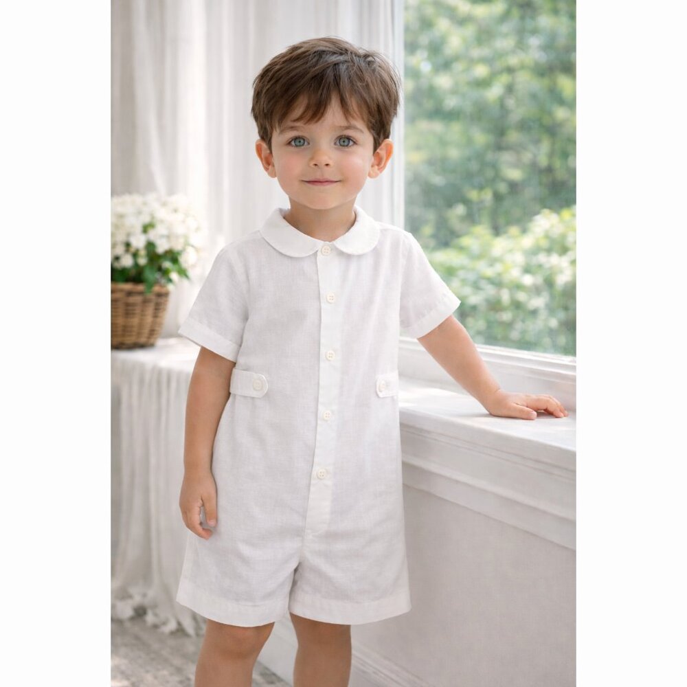 Strasburg Boy White Linen Romper Shortall NEW Size 3 Beach Portrait Ring Bearer - Picture 2 of 10